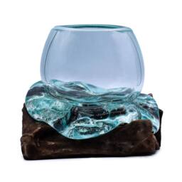 Serenityy Luxury Molten Glass - Natural Wood Base, Handcrafted in Clear - Size: 20 cm