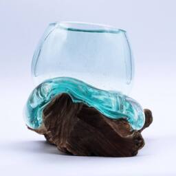 Serenityy Luxury Molten Glass - Natural Wood Base, Handcrafted in Clear - Size: 20 cm - thumbnail 2