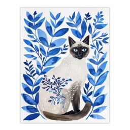 "Artery8 Siamese Cat Lover & Blue Plants Pet Portrait Wall Art Print - Size: W24"" x H32""" - thumbnail 1