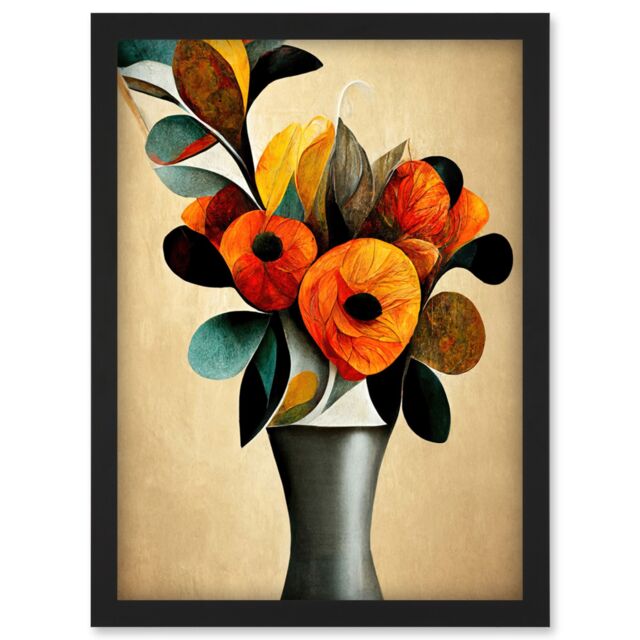 Artery8 Abstract Autumn Field Flower Bouquet Silver Vase Orange Artwork Framed Wall Art Print A4 in Black - image 1