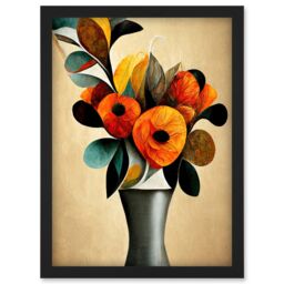 Artery8 Abstract Autumn Field Flower Bouquet Silver Vase Orange Artwork Framed Wall Art Print A4 in Black - thumbnail 1