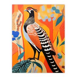 "Wee Blue Coo Wall Art Print Autumn Pheasant Bird Portrait Vibrant Folk Art Oil Painting Orange Blue Red Patterns Poster - Size: W18"" x H24""" - thumbnail 1