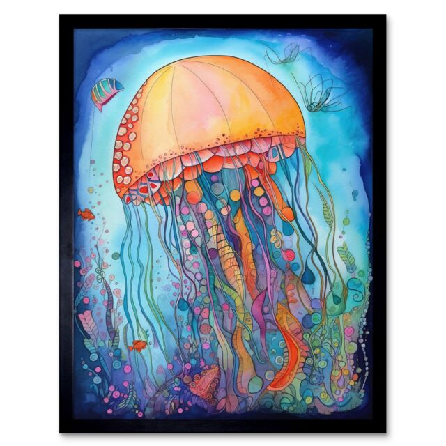 "Artery8 Wall Art Print Jellyfish With Aquatic Plants Folk Art Watercolour Painting Art Framed in Black - Size: W12"" x H16""" - image 1