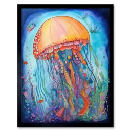 "Artery8 Wall Art Print Jellyfish With Aquatic Plants Folk Art Watercolour Painting Art Framed in Black - Size: W12"" x H16""" - thumbnail 1