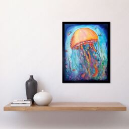 "Artery8 Wall Art Print Jellyfish With Aquatic Plants Folk Art Watercolour Painting Art Framed in Black - Size: W12"" x H16""" - thumbnail 2