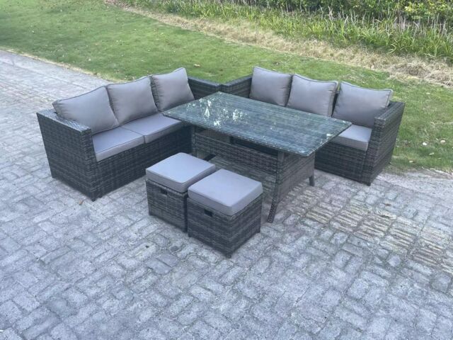 Fimous PE Wicker Outdoor Garden Furniture Set Patio Rattan Rectangular Dining Table Sofa with 2 Stool 8 Seater in Dark Grey - image 1