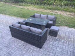 Fimous PE Wicker Outdoor Garden Furniture Set Patio Rattan Rectangular Dining Table Sofa with 2 Stool 8 Seater in Dark Grey - thumbnail 2