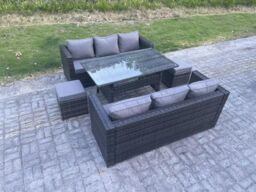 Fimous PE Wicker Outdoor Garden Furniture Set Patio Rattan Rectangular Dining Table Sofa with 2 Stool 8 Seater in Dark Grey - thumbnail 3