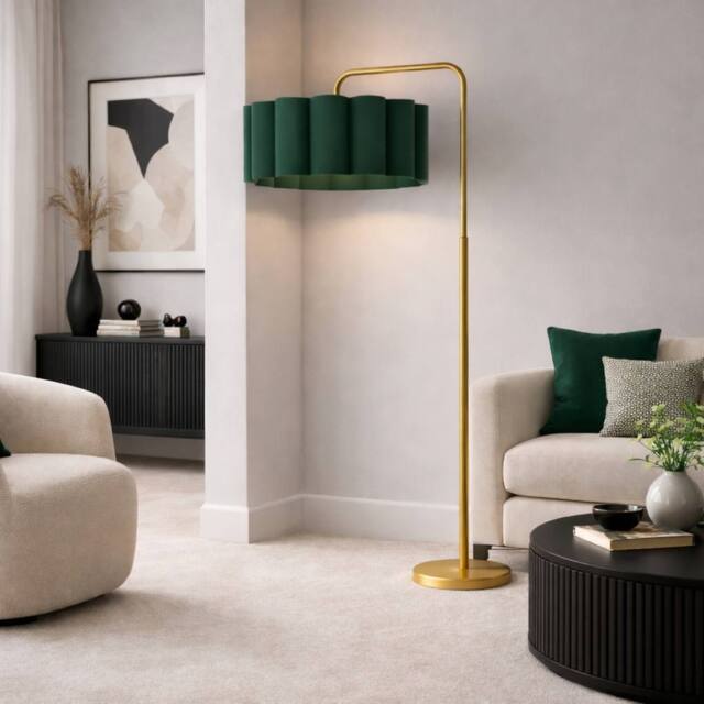 CGC Lighting Kyra Brushed Gold Angled Floor Lamp with Large Scalloped Lampshade in Dark Green - image 1