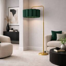 CGC Lighting Kyra Brushed Gold Angled Floor Lamp with Large Scalloped Lampshade in Dark Green