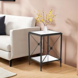 Orsina Square Black Finish Side Table, Two Tier Glass Shelves With Cross Frame Design, Monochrome Accent