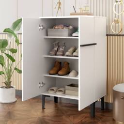 Merax Entryway 60cm Minimalist Shoe Cabinet with Adjustable Shelves in White - thumbnail 3