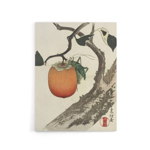 "Artery8 Persimmon Fruit With Grasshopper Canvas Wall Art Print Hokusai in Orange - Size: W18"" x H24""" - image 1