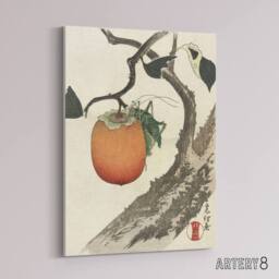 "Artery8 Persimmon Fruit With Grasshopper Canvas Wall Art Print Hokusai in Orange - Size: W18"" x H24""" - thumbnail 2