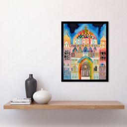 "Artery8 Wall Art Print Jewish Synagogue Decorated Facade Folk Art Watercolour Painting Art Framed in Black - Size: W12"" x H16""" - thumbnail 2