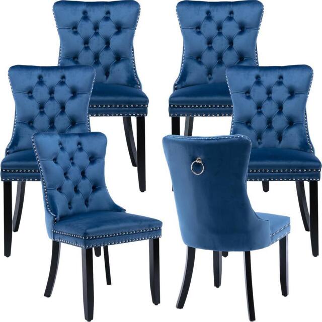 HomeTouch Romsey Set of 6 Velvet Upholstered Dining Chairs with Oak Legs & Knocker Ring Back in Blue - Size: 6 Pack - image 1