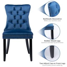 HomeTouch Romsey Set of 6 Velvet Upholstered Dining Chairs with Oak Legs & Knocker Ring Back in Blue - Size: 6 Pack - thumbnail 6