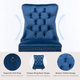 HomeTouch Romsey Set of 6 Velvet Upholstered Dining Chairs with Oak Legs & Knocker Ring Back in Blue - Size: 6 Pack - thumbnail 7