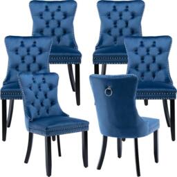 HomeTouch Romsey Set of 6 Velvet Upholstered Dining Chairs with Oak Legs & Knocker Ring Back in Blue - Size: 6 Pack - thumbnail 1