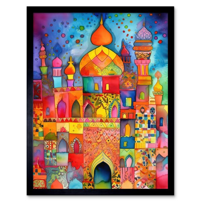 "Artery8 Wall Art Print Eid Dates Mosque Temple Folk Art Watercolour Painting Art Framed in Black - Size: W12"" x H16""" - image 1
