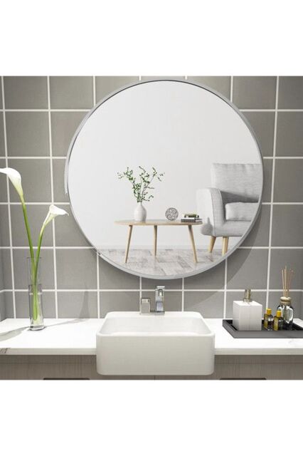 Living and Home Silver Round Metal Framed Bathroom Mirror - Size: Large - image 1