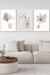 ARTZE Set of 3 White Framed Grey & Beige Botanical Sketch Leaves Wall Art in Light Beige - Size: W33 cm x H45 cm x D20mm - thumbnail 1