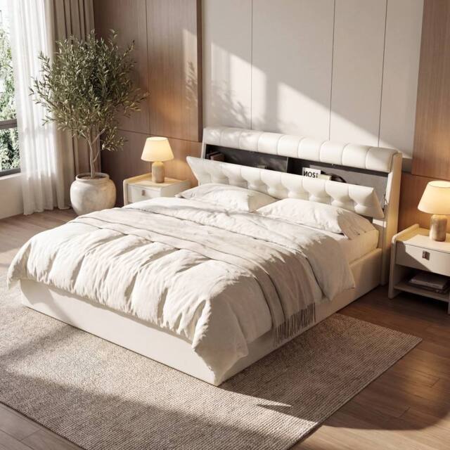 Merax 5ft King PU Upholstered Ottoman Storage Bed with Headboard Storage in White - image 1