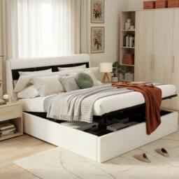 Merax 5ft King PU Upholstered Ottoman Storage Bed with Headboard Storage in White - thumbnail 4