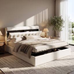 Merax 5ft King PU Upholstered Ottoman Storage Bed with Headboard Storage in White - thumbnail 2