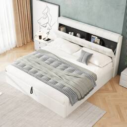 Merax 5ft King PU Upholstered Ottoman Storage Bed with Headboard Storage in White - thumbnail 6