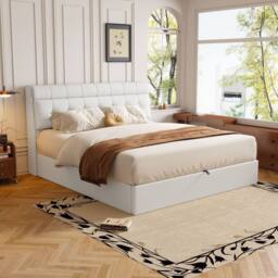 Merax 5ft King PU Upholstered Ottoman Storage Bed with Headboard Storage in White - thumbnail 5
