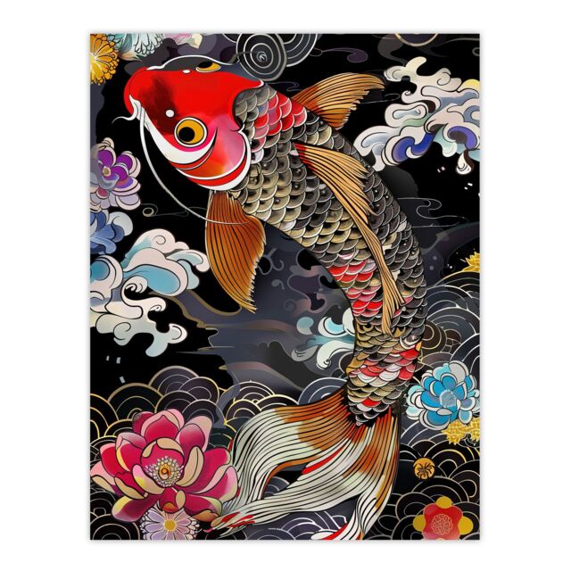 "Artery8 Colourful Koi Carp Tattoo Artwork Lotus Flowers Wall Art Print in Black - Size: W12"" x H16""" - image 1