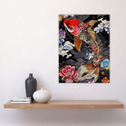 "Artery8 Colourful Koi Carp Tattoo Artwork Lotus Flowers Wall Art Print in Black - Size: W12"" x H16""" - thumbnail 4