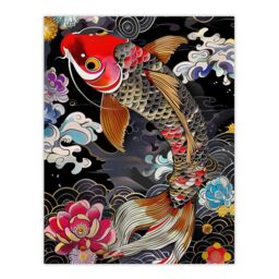 "Artery8 Colourful Koi Carp Tattoo Artwork Lotus Flowers Wall Art Print in Black - Size: W12"" x H16""" - thumbnail 1