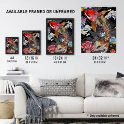 "Artery8 Colourful Koi Carp Tattoo Artwork Lotus Flowers Wall Art Print in Black - Size: W12"" x H16""" - thumbnail 3
