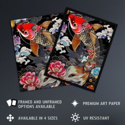 "Artery8 Colourful Koi Carp Tattoo Artwork Lotus Flowers Wall Art Print in Black - Size: W12"" x H16""" - thumbnail 2
