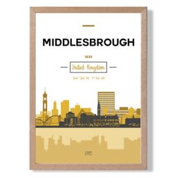 ARTZE Middlesbrough Yellow & Black City Skyline Framed Print SIZE: A3 with Oak Frame - Size: A4