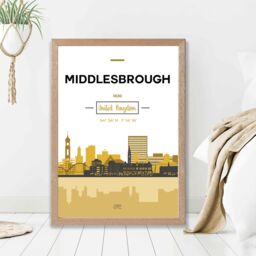ARTZE Middlesbrough Yellow & Black City Skyline Framed Print SIZE: A3 with Oak Frame - Size: A4 - thumbnail 2