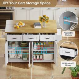 Merax White Mobile Kitchen Island Storage Trolley with Foldable Worktop - thumbnail 4