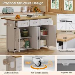 Merax White Mobile Kitchen Island Storage Trolley with Foldable Worktop - thumbnail 3