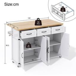 Merax White Mobile Kitchen Island Storage Trolley with Foldable Worktop - thumbnail 7
