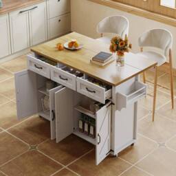 Merax White Mobile Kitchen Island Storage Trolley with Foldable Worktop - thumbnail 9