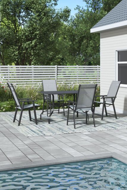 Garden Sanctuary Garden Metal Slatted Dining Coffee Table with 4 Foldable Chairs in Black - Size: Large - image 1
