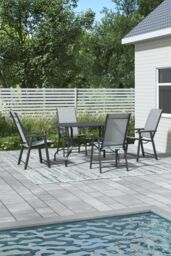 Garden Sanctuary Garden Metal Slatted Dining Coffee Table with 4 Foldable Chairs in Black - Size: Large - thumbnail 1