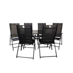 Samuel Alexander Outdoor 6 Person Rectangular Glass Top Garden Dining Table Chairs Set in Black - thumbnail 1
