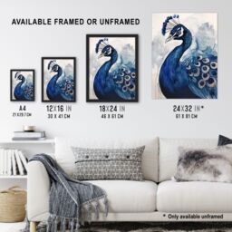 "Artery8 Elegant Blue Peafowl Peacock Bird Watercolour Framed Wall Art - Size: W12"" x H16""" - thumbnail 3