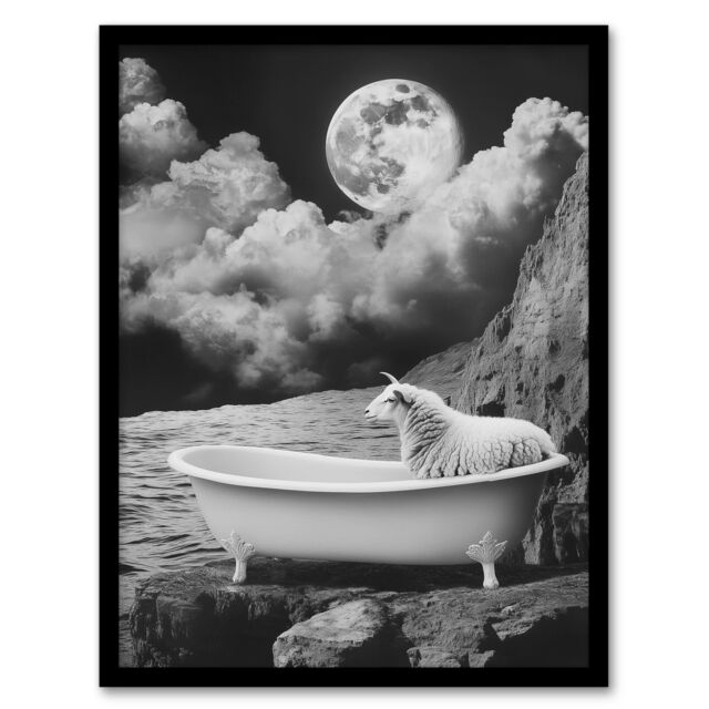 "Artery8 Sheep in Bathtub Surreal Black White Full Moon Framed Art Print in Grey - Size: W12"" x H16""" - image 1