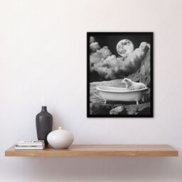 "Artery8 Sheep in Bathtub Surreal Black White Full Moon Framed Art Print in Grey - Size: W12"" x H16""" - thumbnail 4