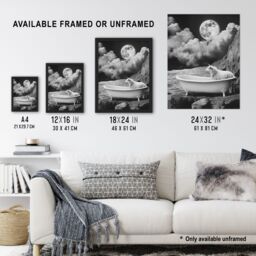 "Artery8 Sheep in Bathtub Surreal Black White Full Moon Framed Art Print in Grey - Size: W12"" x H16""" - thumbnail 3