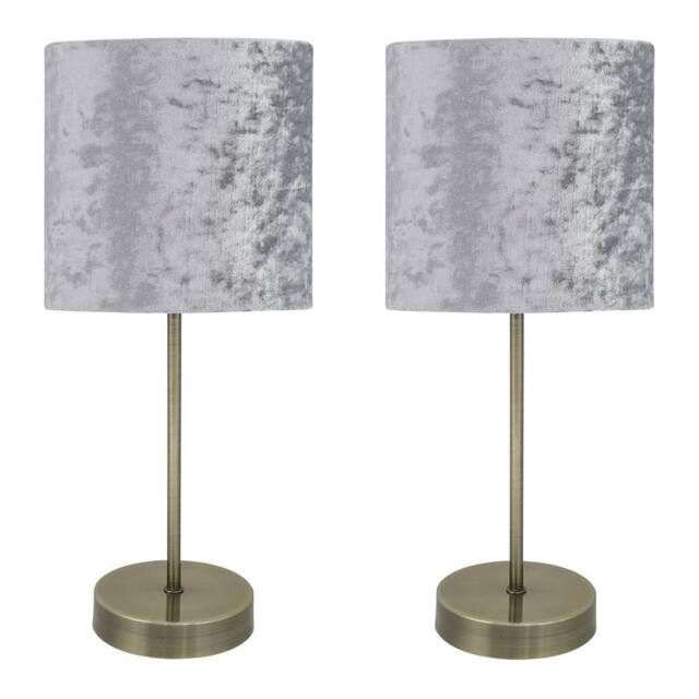 First Choice Lighting Set of 2 Antique Brass Stick Table Lamps with Grey Velvet Shades in Bronze - image 1